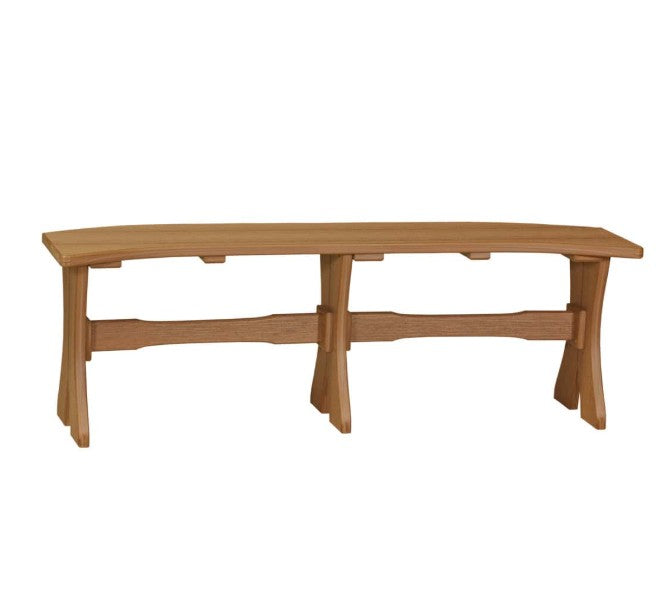 A rustic wooden dining bench shown against a plain white background.