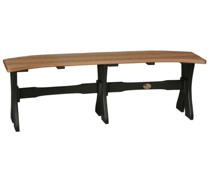 A rustic outdoor bench with a curved natural seat and a black frame, shown against a plain white background.