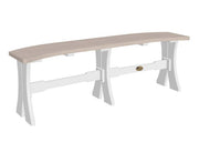 A long outdoor bench with a light beige wood-look seat and white legs, shown on a plain white background.