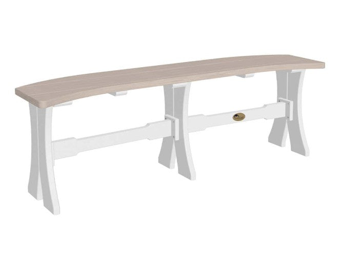 A long outdoor bench with a light beige wood-look seat and white legs, shown on a plain white background.