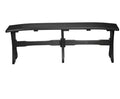 A black outdoor bench with a curved slatted top and a sturdy crossbar support structure, shown against a plain white background.