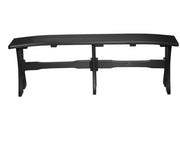 A black outdoor bench with a curved slatted top and a sturdy crossbar support structure, shown against a plain white background.