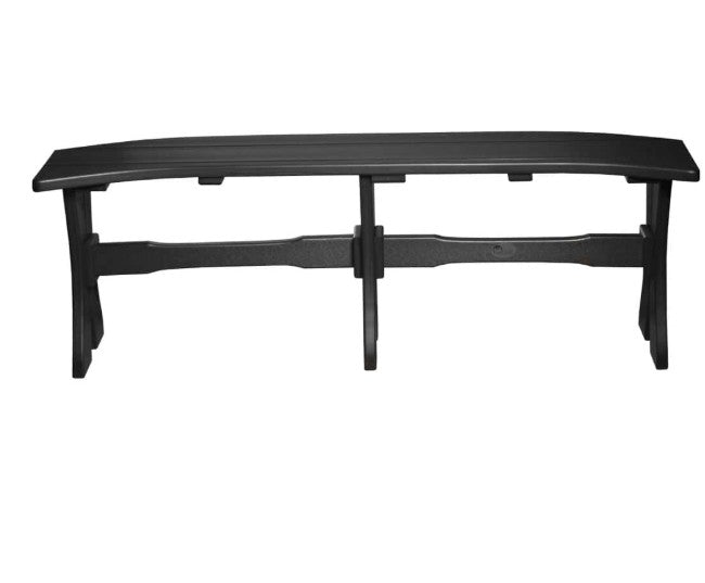 A black outdoor bench with a curved slatted top and a sturdy crossbar support structure, shown against a plain white background.