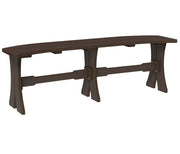 A dark brown bench with a long, slightly curved seat and four sturdy legs, shown against a plain white background.