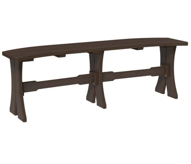 A dark brown bench with a long, slightly curved seat and four sturdy legs, shown against a plain white background.