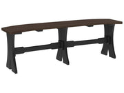 A long bench with a dark brown wooden seat and a black frame with decorative legs, shown on a plain white background.