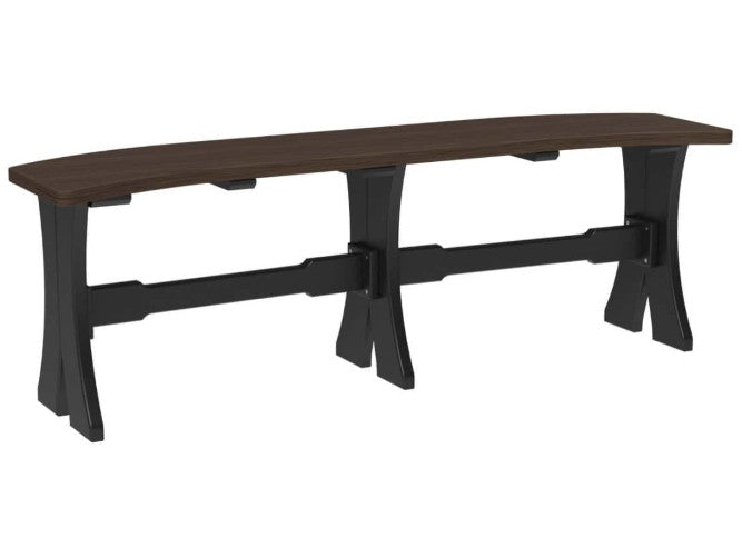 A long bench with a dark brown wooden seat and a black frame with decorative legs, shown on a plain white background.