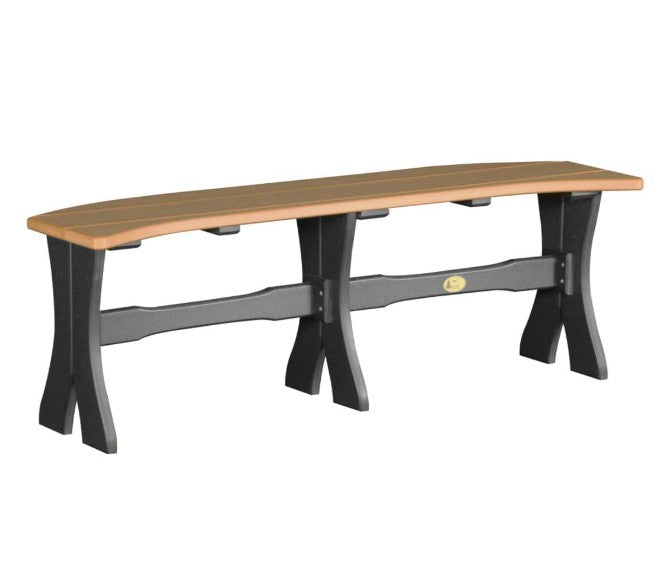 A long outdoor bench with a curved light brown wooden seat and a black frame, shown on a plain white background.