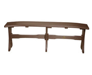 A brown outdoor bench with a curved slatted seat and a sturdy, low-profile frame, shown against a plain white background.