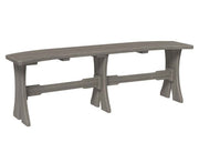 A rustic outdoor bench with a weathered gray wood finish, featuring a long seat, thick support posts, and a horizontal stretcher bar, shown against a plain white background.