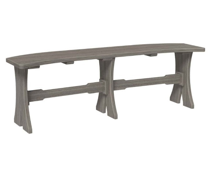 A rustic outdoor bench with a weathered gray wood finish, featuring a long seat, thick support posts, and a horizontal stretcher bar, shown against a plain white background.