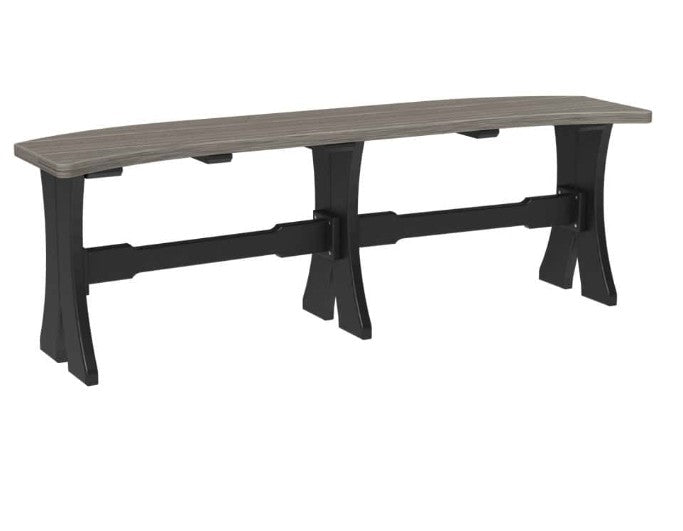 A modern outdoor bench with a curved gray faux-wood slatted seat and a black  frame with decorative legs, shown on a plain white background.