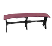 A curved outdoor bench with a textured burgundy seat and a black frame, shown against a plain white background.