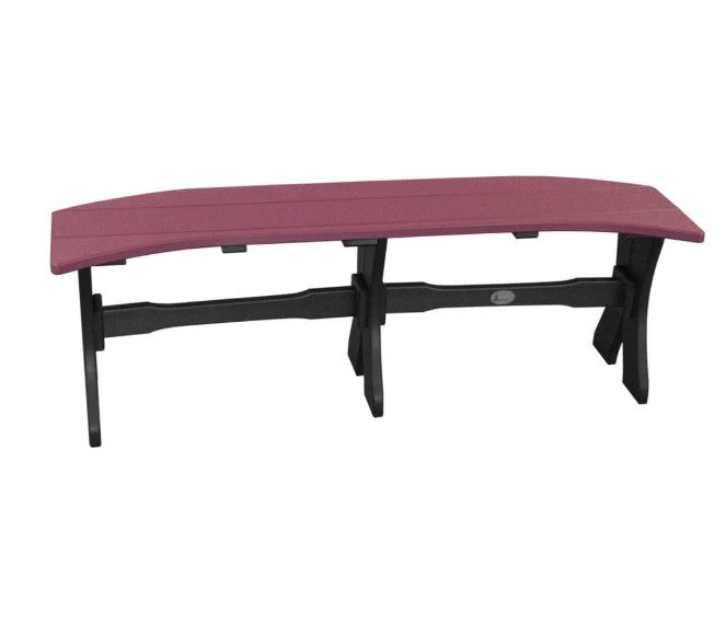 A curved outdoor bench with a textured burgundy seat and a black frame, shown against a plain white background.