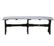 A curved outdoor bench with a light gray composite slat top and a black frame, shown against a plain white background.