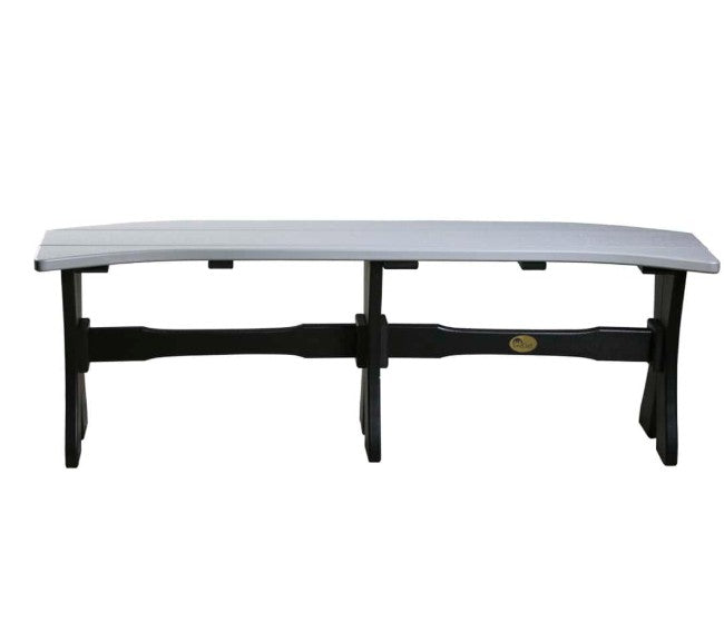 A curved outdoor bench with a light gray composite slat top and a black frame, shown against a plain white background.