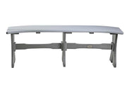 A gray outdoor dining table with a curved slatted top and a matching curved base, shown against a plain white background.
