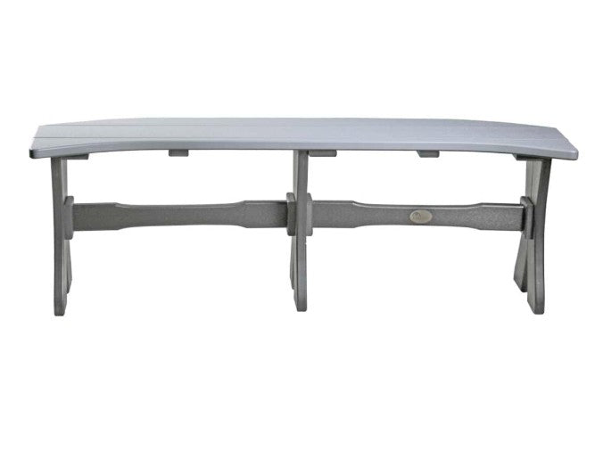 A gray outdoor dining table with a curved slatted top and a matching curved base, shown against a plain white background.