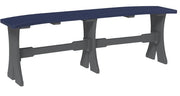 A long bench with a dark blue seat and gray legs, shown on a plain white background.