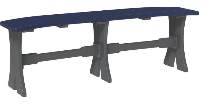 A long bench with a dark blue seat and gray legs, shown on a plain white background.