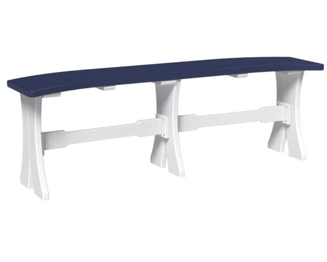 A bench with a dark navy blue seat and a white frame, shown against a plain white background.