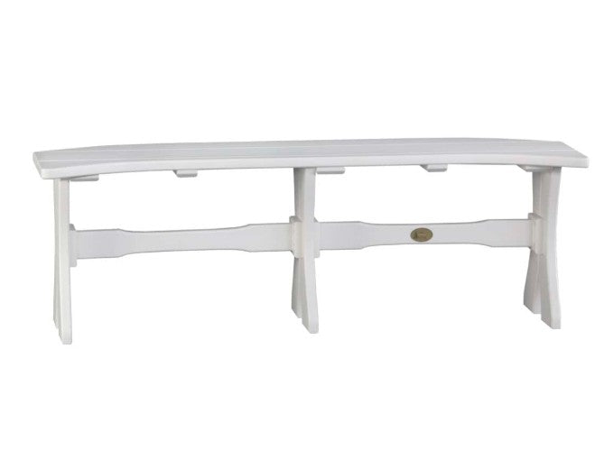 A white outdoor bench with a curved backrest and a central support beam featuring a small brass emblem, shown against a plain white background.