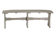 A light gray outdoor bench with a curved slatted top and a wide crossmember support beam, shown against a plain white background.