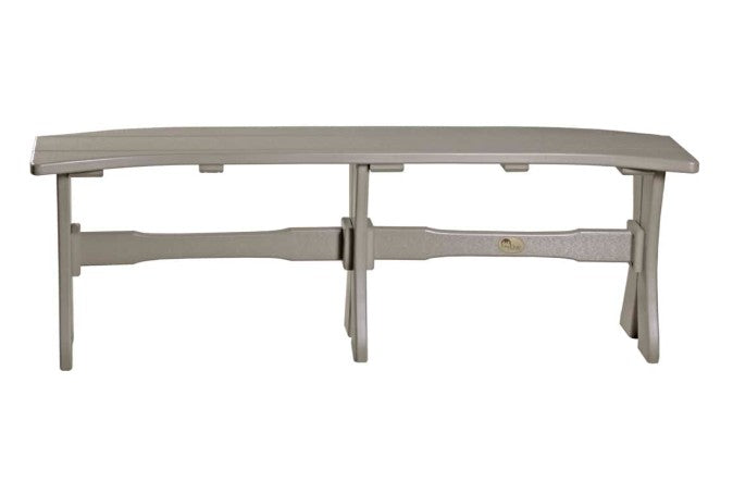 A light gray outdoor bench with a curved slatted top and a wide crossmember support beam, shown against a plain white background.