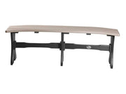 A curved outdoor bench with a light beige composite wood-look seat and a black frame, shown against a plain white background.