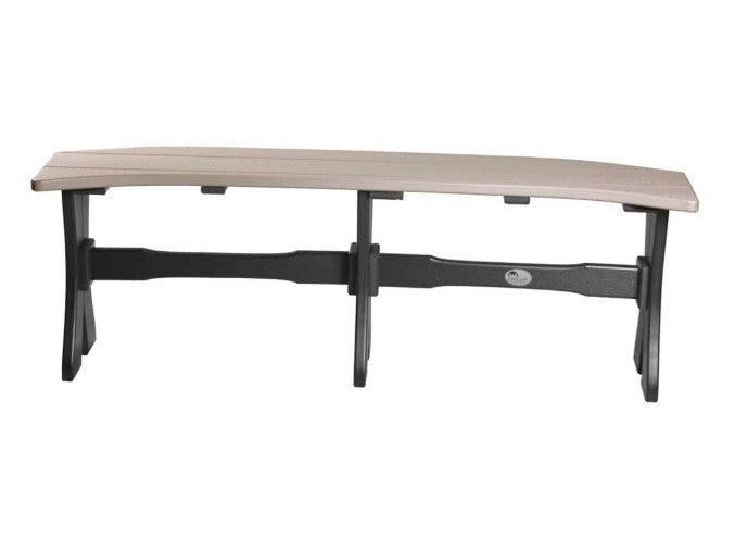 A curved outdoor bench with a light beige composite wood-look seat and a black frame, shown against a plain white background.