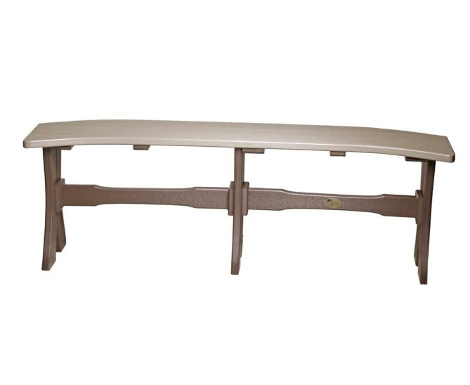 A long outdoor bench with a curved light beige seat and a brown support frame, shown against a plain white background.