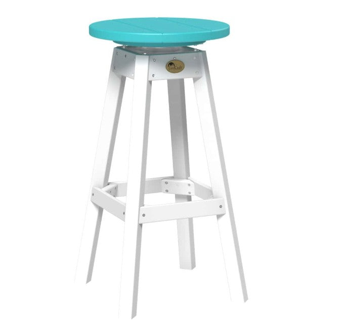 A white bar stool with a round turquoise blue seat, featuring a small gold brand plaque on the front.