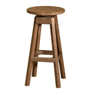 A rustic bar stool with a round seat, four angled legs, and a footrest, shown against a plain white background.
