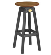 A bar stool with a round brown seat and a black frame, shown against a plain white background.