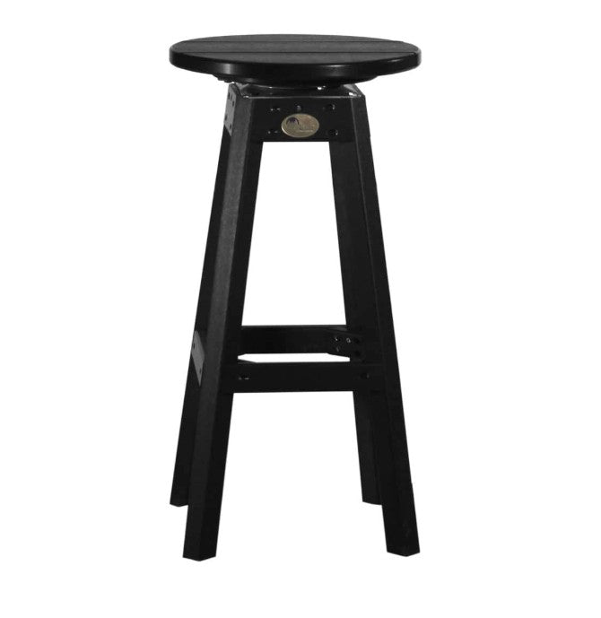 A black swivel bar stool with a round seat, four legs, and a footrest, shown against a plain white background.