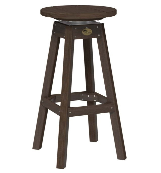 A dark brown swivel barstool with a circular seat, four angled legs, and a metal support frame, shown against a plain white background.