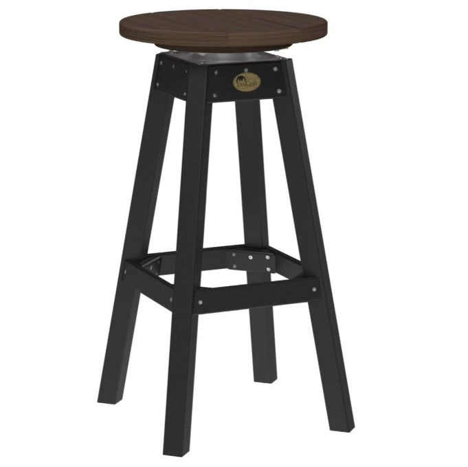 A single bar stool with a dark brown round seat and a black four-legged frame, shown against a plain white background.