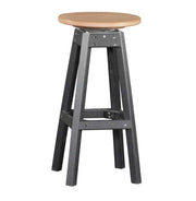 A counter-height stool with a round light brown seat and a black frame with a footrest, shown on a plain white background.