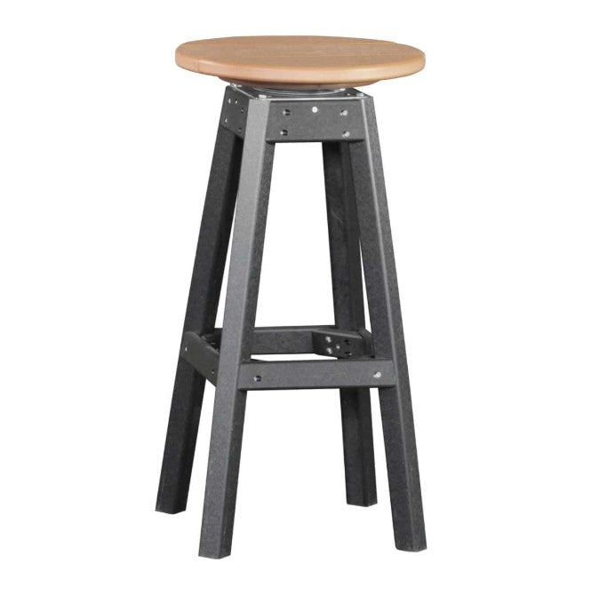 A counter-height stool with a round light brown seat and a black frame with a footrest, shown on a plain white background.