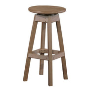 A rustic swivel bar stool with a round seat and four angled legs, shown against a plain white background.