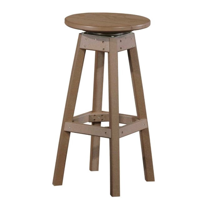 A rustic swivel bar stool with a round seat and four angled legs, shown against a plain white background.