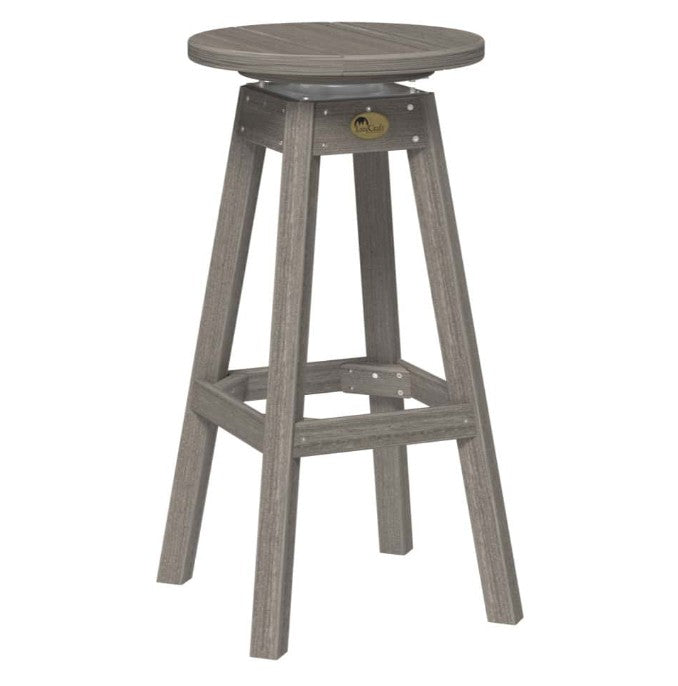 A single bar stool with a round seat, four angled legs, and a footrest, shown on a plain white background.
