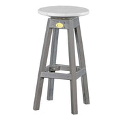 An outdoor bar stool with a light gray circular seat and a weathered gray frame, shown on a plain white background.