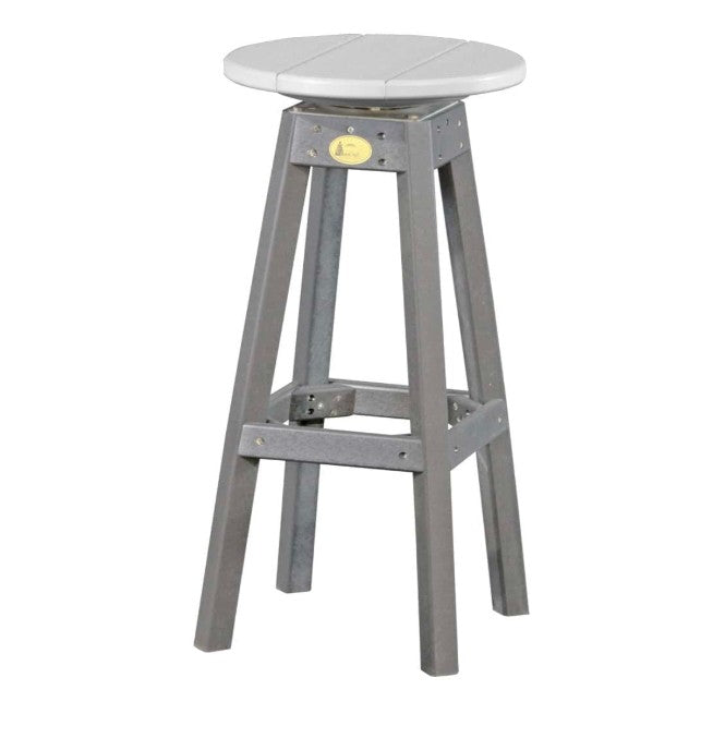 An outdoor bar stool with a light gray circular seat and a weathered gray frame, shown on a plain white background.