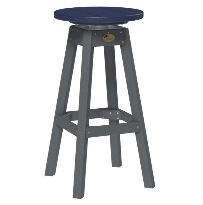 A swivel outdoor bar stool with a navy blue circular seat and a gray four-legged frame, shown on a plain white background.
