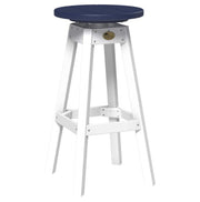 A white bar stool with a round navy blue seat and a small gold oval medallion on the front of the frame, shown against a plain white background.
