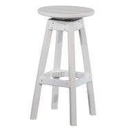 A white bar stool with a round swivel seat, four legs, and a lower support brace, shown on a plain white background.