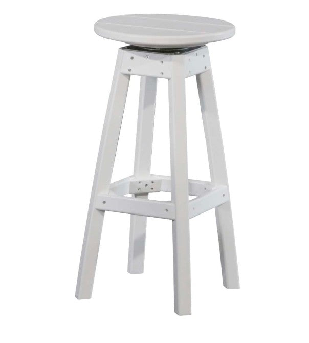 A white bar stool with a round swivel seat, four legs, and a lower support brace, shown on a plain white background.