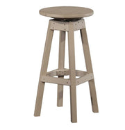 A rustic light beige bar stool with a round seat, four angled legs, and a lower support brace, shown against a plain white background.