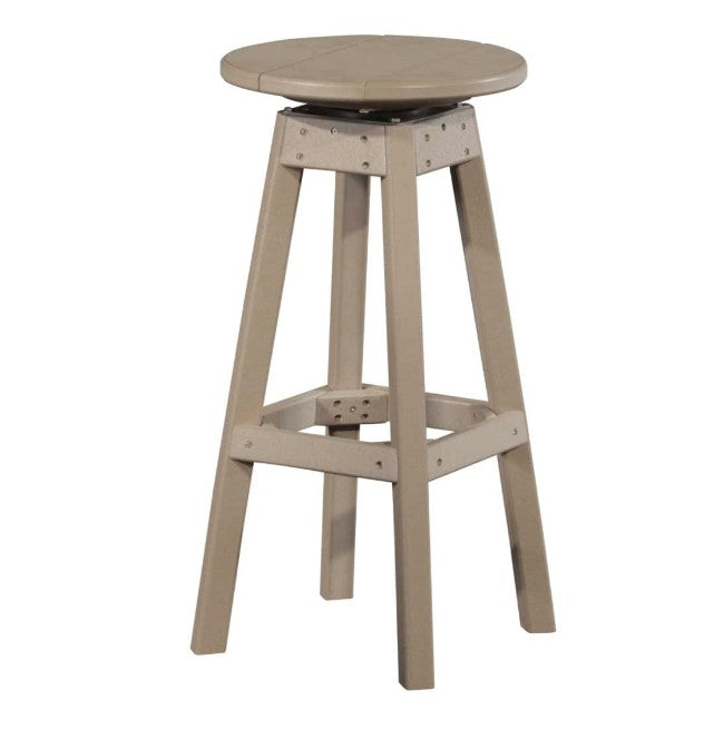 A rustic light beige bar stool with a round seat, four angled legs, and a lower support brace, shown against a plain white background.